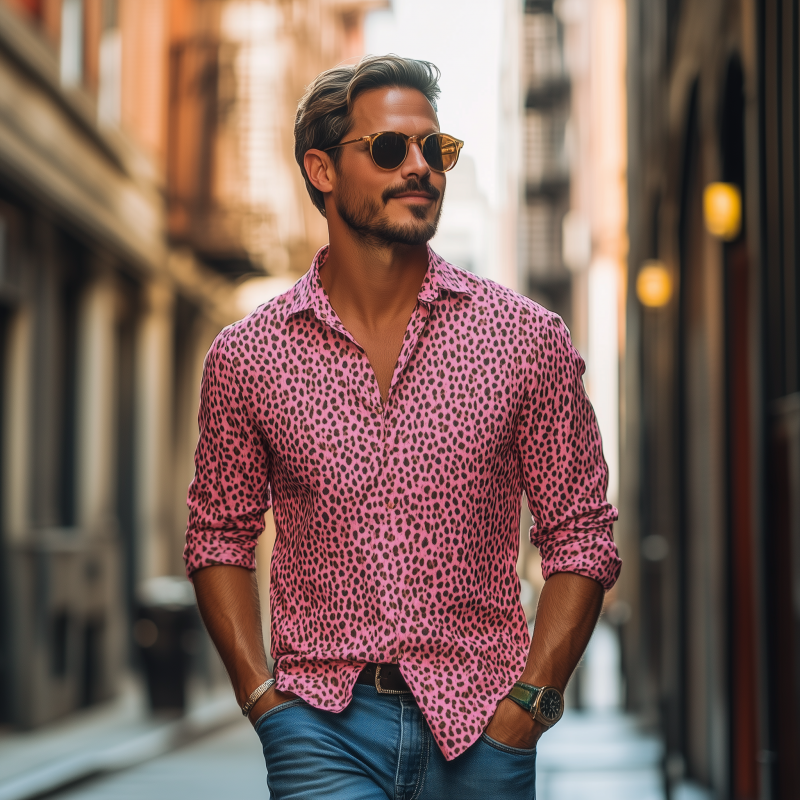 Men's Fashion Spring Summer Leopard Print Casual Long Sleeve Shirt 9911545528504