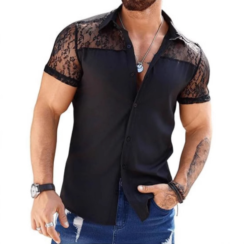 Men's Casual Lace Patchwork Lapel Slim Short Sleeve Shirt 9912945180856