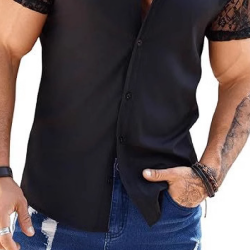 Men's Casual Lace Patchwork Lapel Slim Short Sleeve Shirt 9912945180856