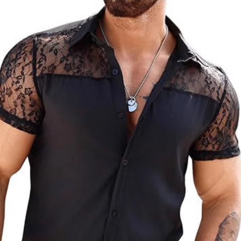 Men's Casual Lace Patchwork Lapel Slim Short Sleeve Shirt 9912945180856