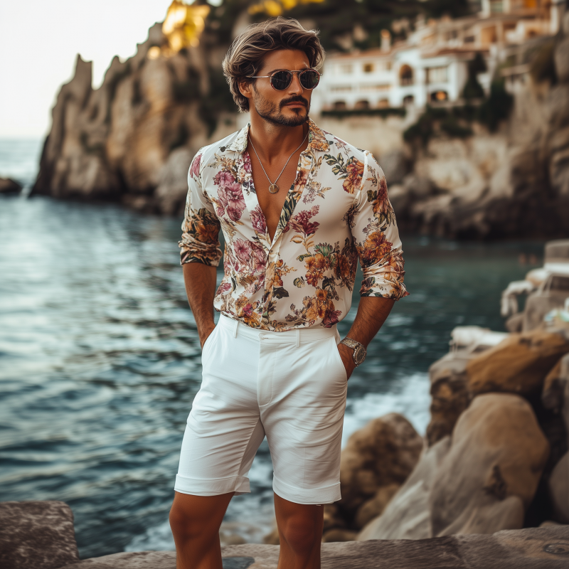 Men's Fashion Italian Sicilian Style Chiffon Printed Long Sleeve Shirt 9918991139000