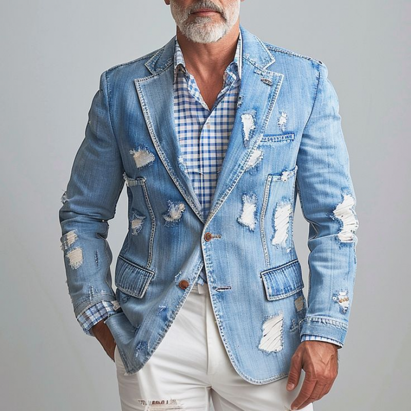 Men's Fashion Retro Casual Washed Denim Ripped Single Breasted Blazer 9918991073464