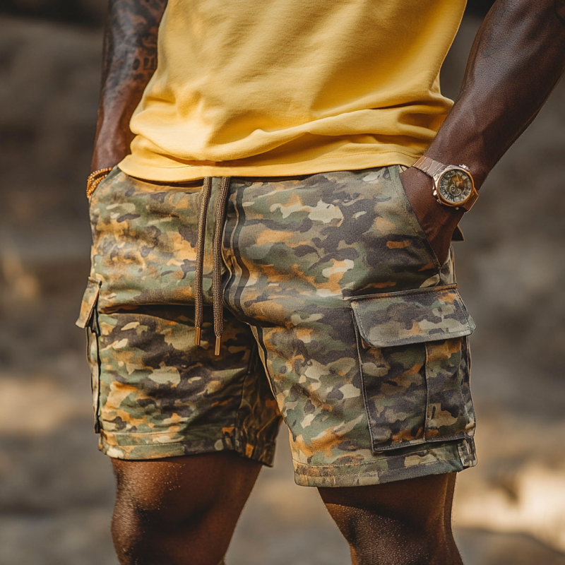 Men's Fashion Camouflage Print Washed Multi-Pocket Drawstring Shorts DTT25061201