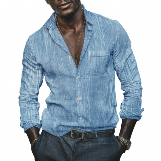Men's Casual Cotton Blend Striped Lapel Patch Pocket Slim Fit Long Sleeve Shirt DTT25070410