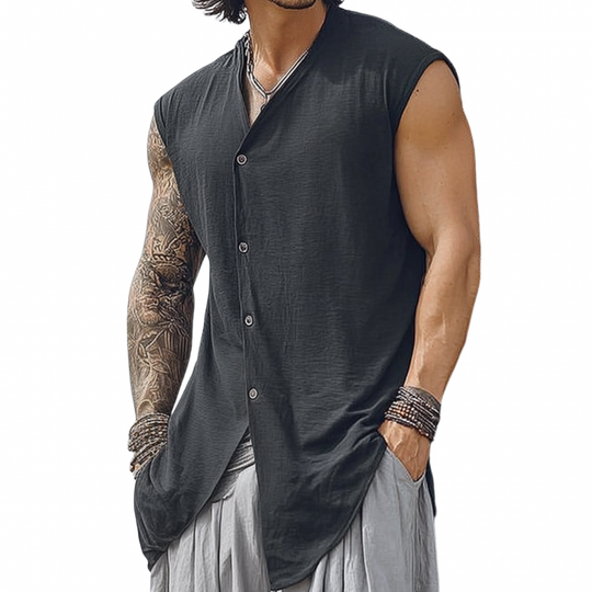Men's Fashionable Cotton Linen V-neck Slanted Placket Loose Sleeveless Shirt DTT25063016
