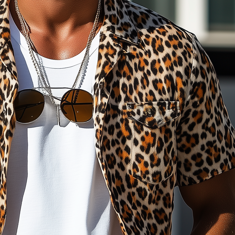 Men's Leopard Print Short Sleeve Multi-Pocket Shirt DTT25062414