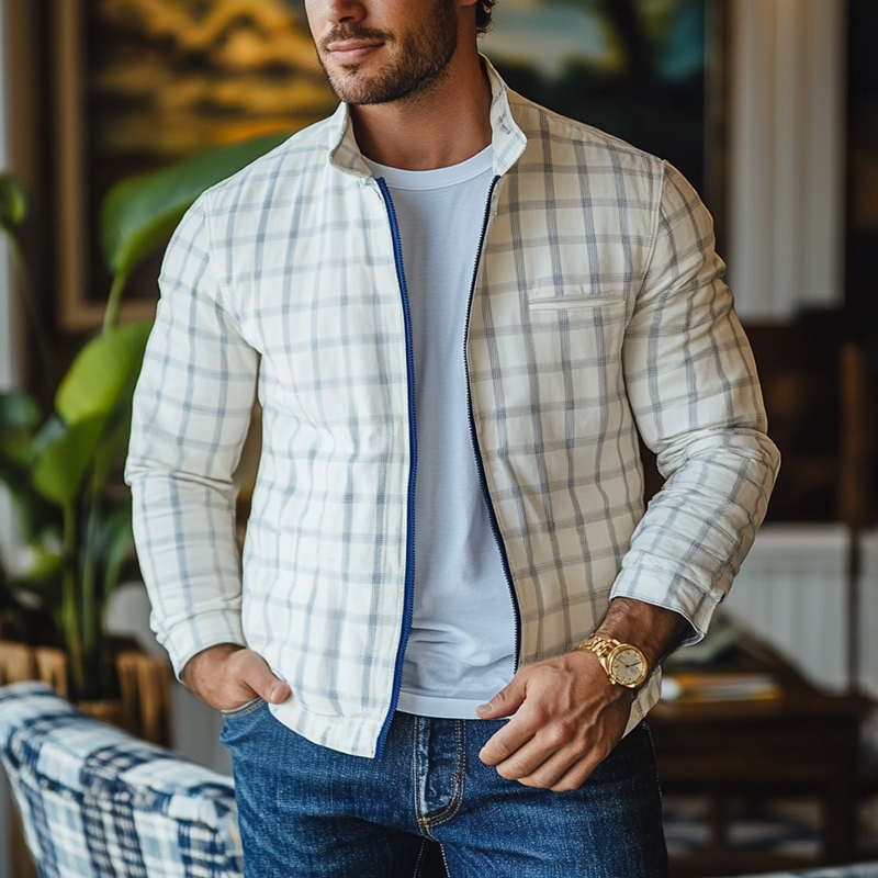Men's Spring And Summer Plaid Stand Collar Zipper Jacket 9918990713016