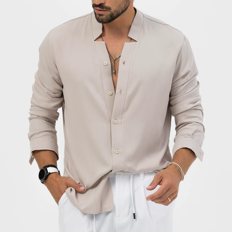 Men's Solid Color Notched V Neck Long Sleeve Shirt 9918990745784