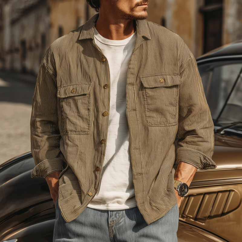 Men's Casual Breathable Cotton Striped Lapel Chest Pocket Loose Long Sleeve Shirt DTT25072418