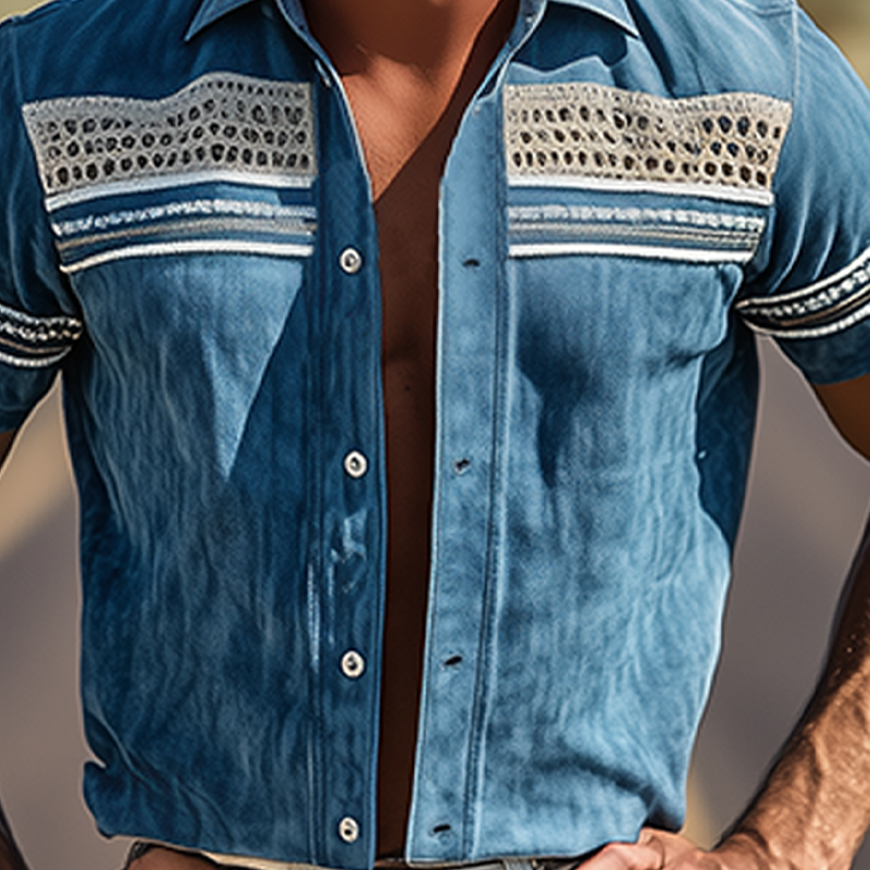 Men's Spring/Summer Suede Splicing Drop Mesh And Web Short Sleeve Shirt DTT25070115