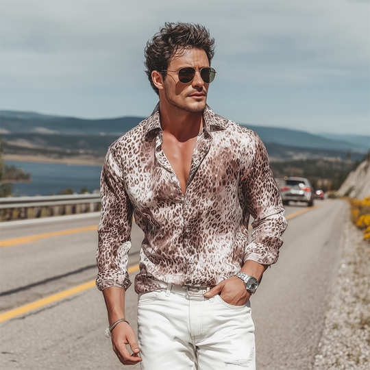 Men's Spring And Summer Fashion Casual Satin Leopard Print Long Sleeve Shirt DTT25070901