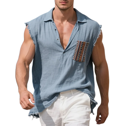 Men's Cotton And Linen Embroidered Chest Pocket Polo Collar Raw Edge Sleeveless Shirt DTT25071517