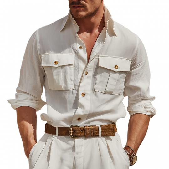 Men's Casual Breathable Solid Color Cotton Lapel Flap Pocket Loose Long Sleeve Shirt DTT25080102