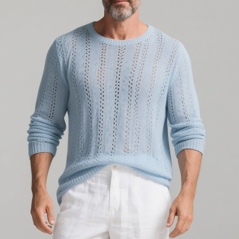 Men's Solid Color Hollow Out Knit Round Neck Long Sleeve Sweater DTT25073115