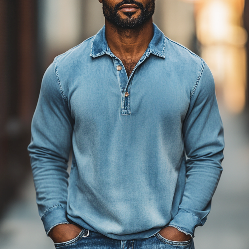 Men's Fashion Distressed Washed Lapel Long Sleeve Denim Polo Shirt 9903250473144