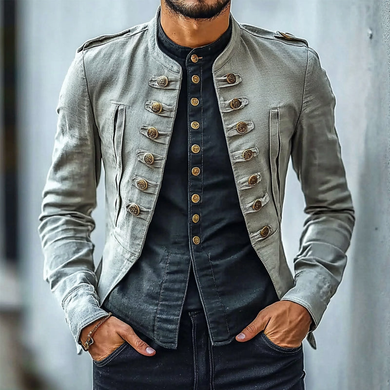 Men's Cotton and Linen Stand Collar Decorative Button Jacket 9906101649592