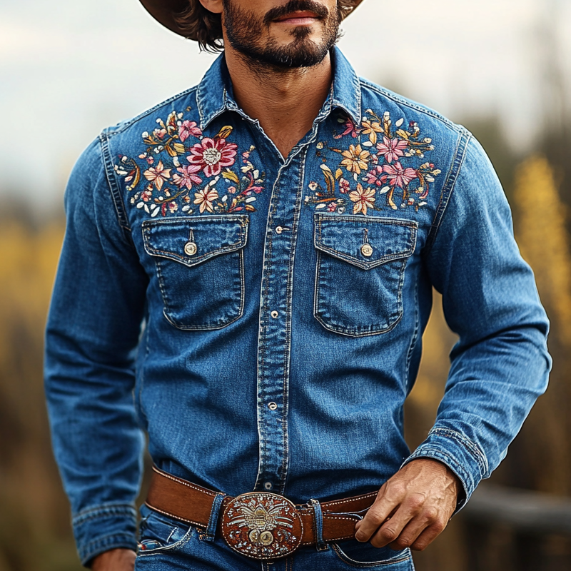 Men's Western Cowboy Style Embroidered Lapel Chest Pocket Long Sleeve Denim Shirt 9903593717944
