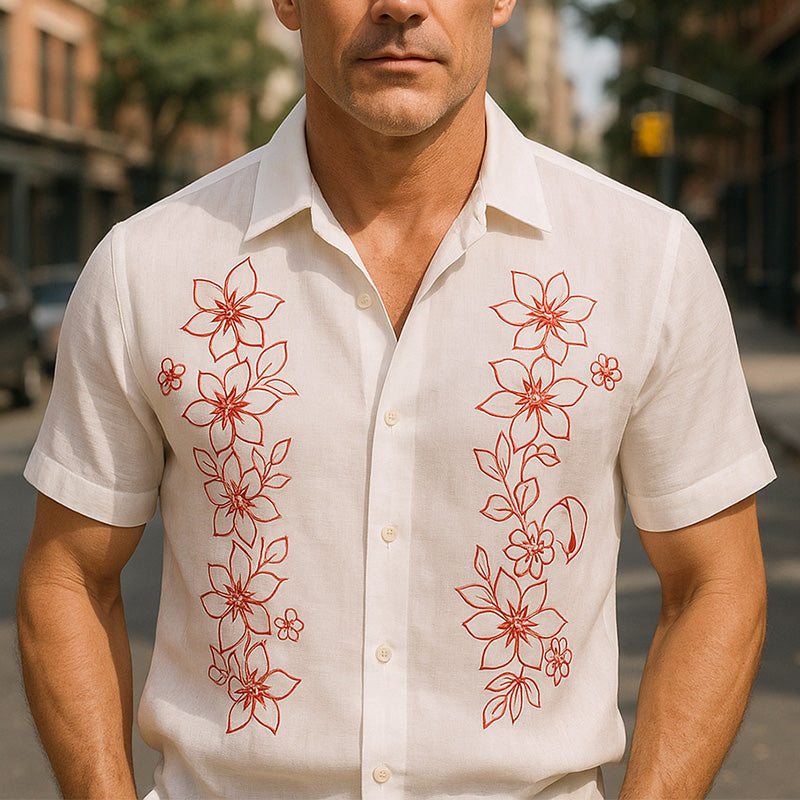 Men's Summer Comfortable Breathable Linen Embroidered Short Sleeve Shirt DDT25052808