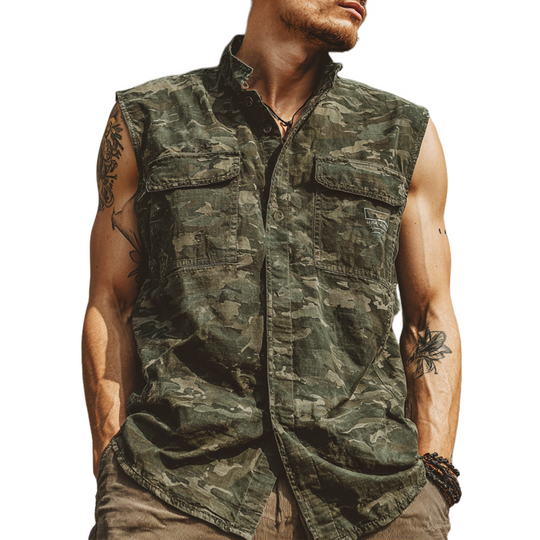 Men's Camouflage Print Sleeveless Lapel Shirt DTT25071403