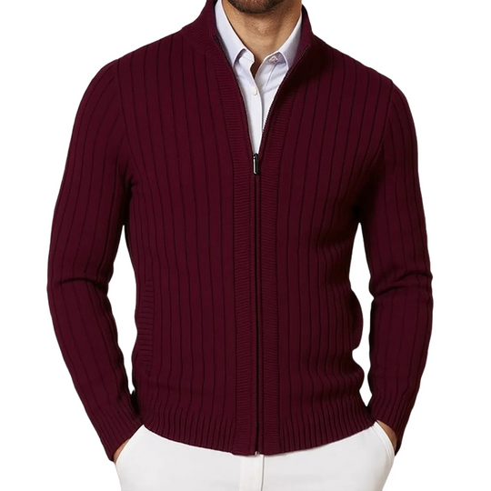 Men's Stand Collar Solid Color Striped Knit Zipper Cardigan DTT25081801
