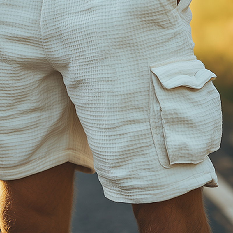 Men's Classic Casual Tough Style Waffle Elastic Waist Multi-pocket Cargo Shorts DTT25060317