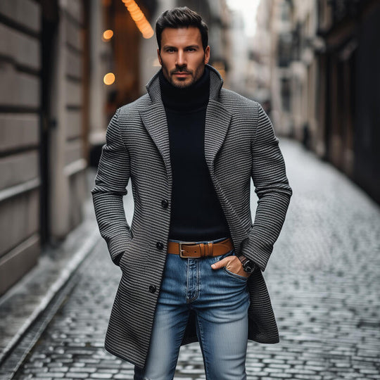 Men's Vintage Wool Blend Houndstooth Notch Lapel Single-breasted Loose Mid-length Coat DTT25082802