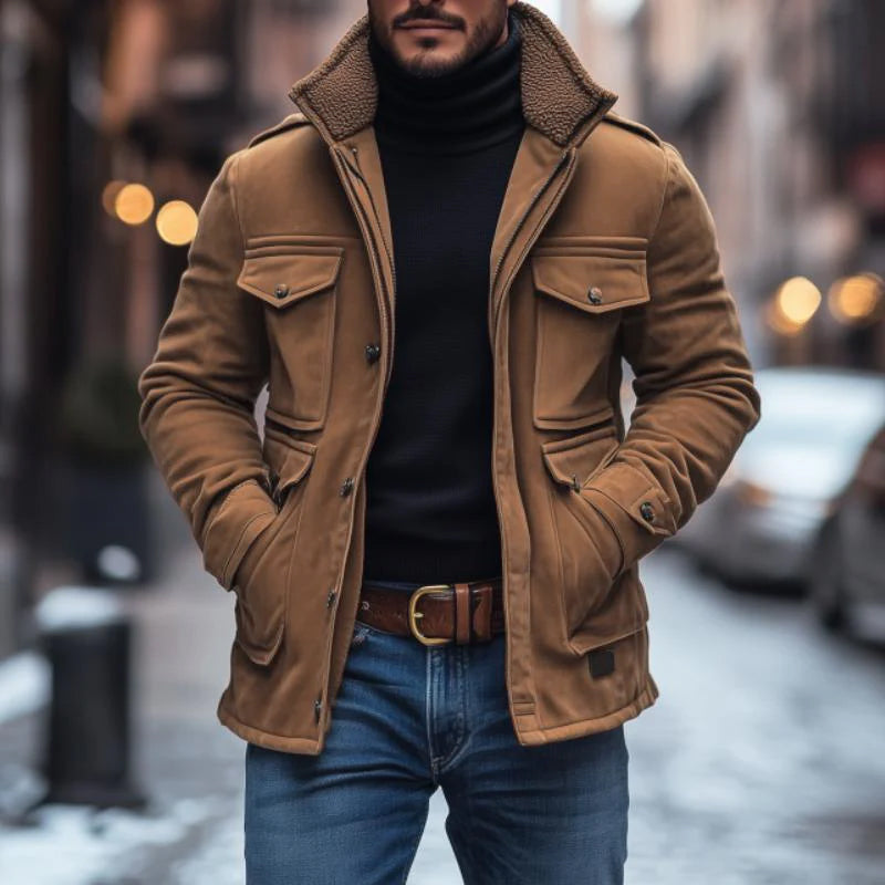 Men's Vintage Suede Fleece Collar Patchwork Multi-Pocket Zipper Coat 9261101252792
