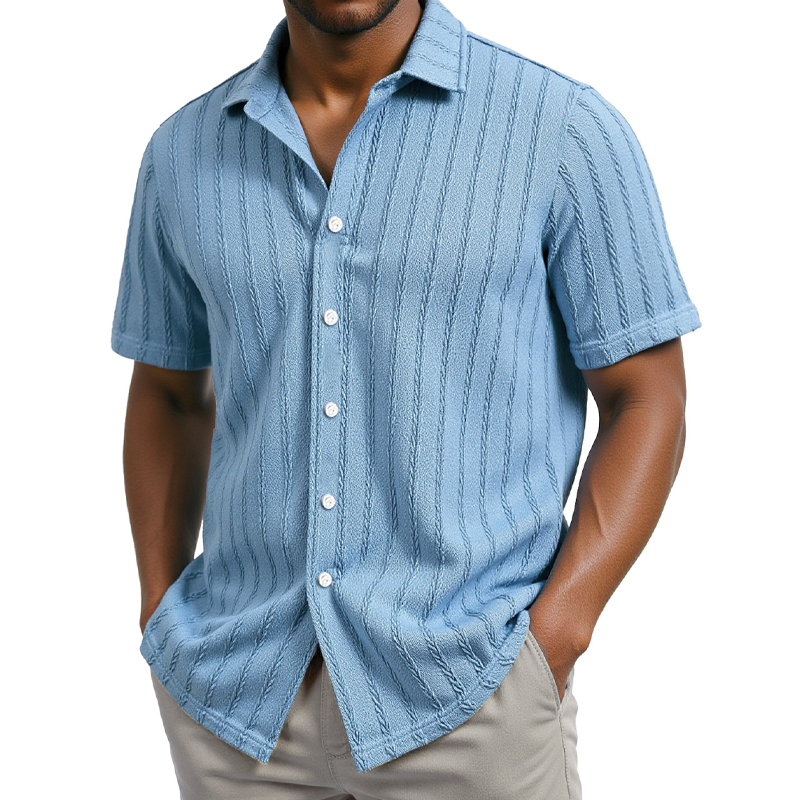 Men's Solid Color Striped Textured Short Sleeve Shirt DTT25062617