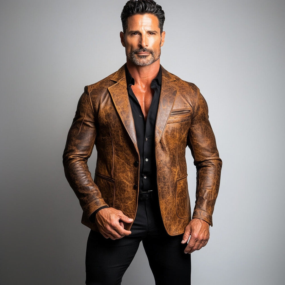 Men's Retro PU Leather Notched Lapel Single Breasted Long Sleeve Blazer 9903586574520