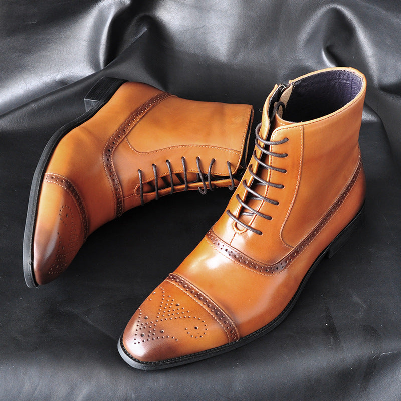 Men's Solid Lace Up Pointed Toe Side Zipper Leather Boots 9888555991224