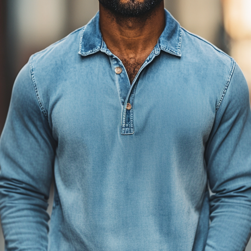 Men's Fashion Distressed Washed Lapel Long Sleeve Denim Polo Shirt 9903250473144