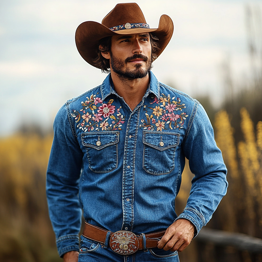 Men's Western Cowboy Style Embroidered Lapel Chest Pocket Long Sleeve Denim Shirt 9903593717944