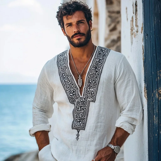 Men's Fashion Embroidery V Neck Long Sleeve Cotton And Linen Shirt 9899715100856