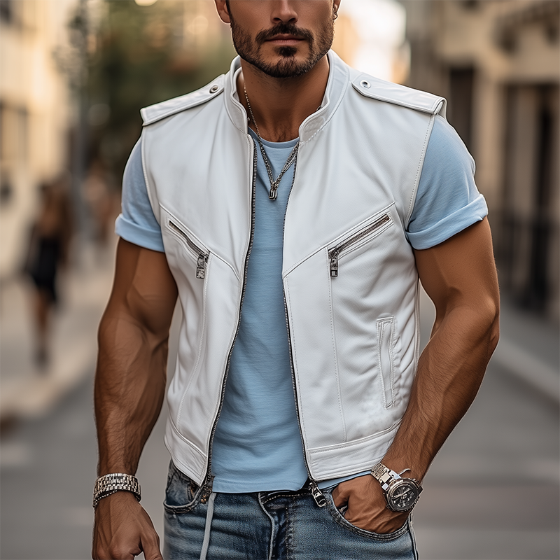 Men's Classic Retro American Casual Stand Collar Epaulette Leather Motorcycle Vest 9909010628792