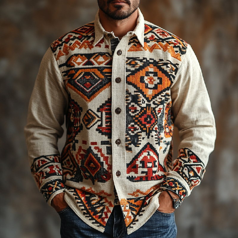 Men's Vintage Cotton and Linen Printed Lapel Long Sleeve Shirt 9901319159992