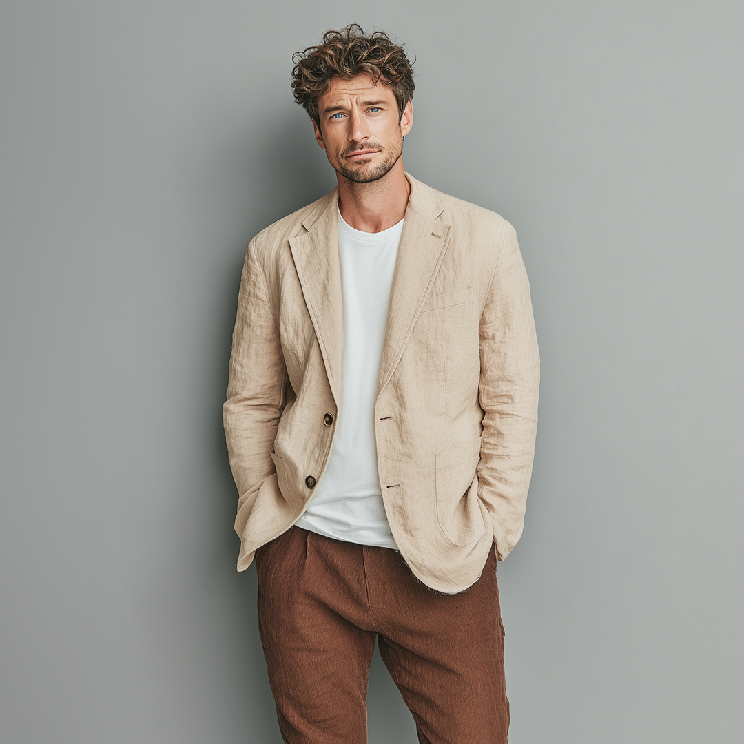 Men's Classic Casual Cotton And Linen Solid Color Single-breasted Two-button Blazer DTT25073019