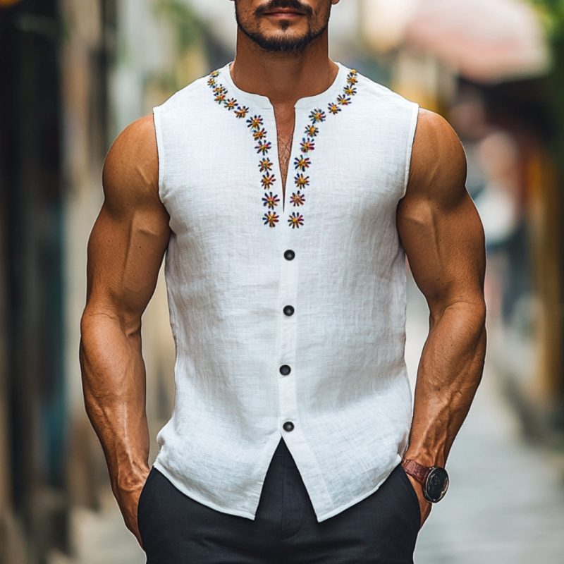 Men's Casual Daisy Embroidery Breathable Linen Round Neck Slim Fit Sleeveless Shirt DTT25060911