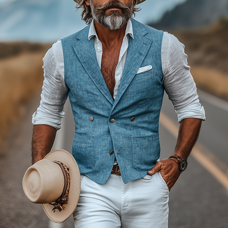 Men's Retro American Western Style Cotton And Linen Slim Fit Single Breasted Vest DTT25061716