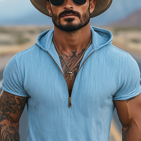 Men's Casual Classic American Western Tough Guy Style Waffle Hooded V-neck Slim Short-sleeved T-shirt DTT25053014