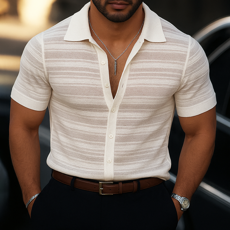 Men's Striped Lapel Short Sleeve Knit Shirt DTT25071609