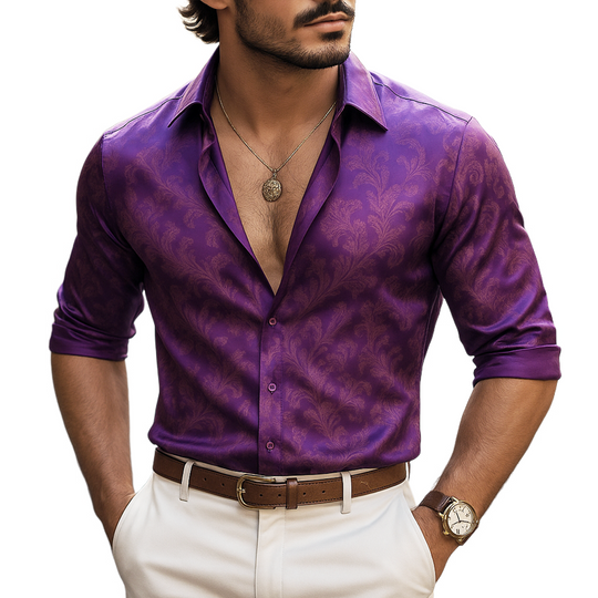 Men's Satin Print Lapel Long Sleeve Shirt DTT25062409