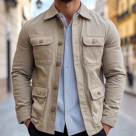 Men's Casual Solid Color Breathable Cotton Linen Blend Lapel Single-breasted Multi-pocket Slim-fit Jacket DTT25081311