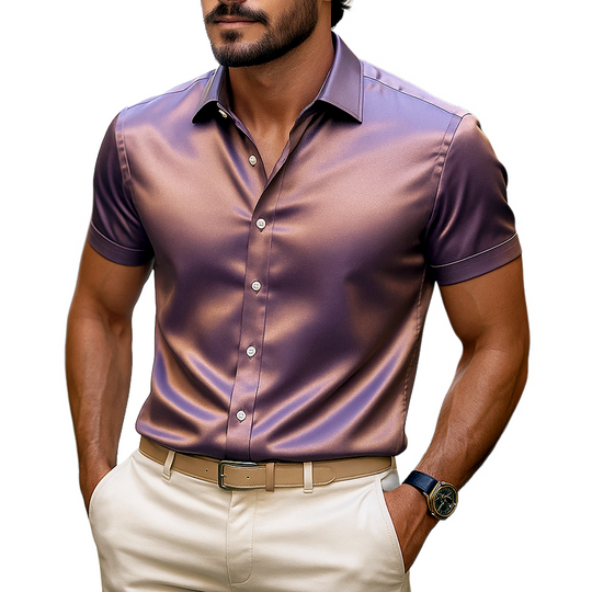 Men's Solid Glitter Satin Lapel Short Sleeve Shirt DTT25062412