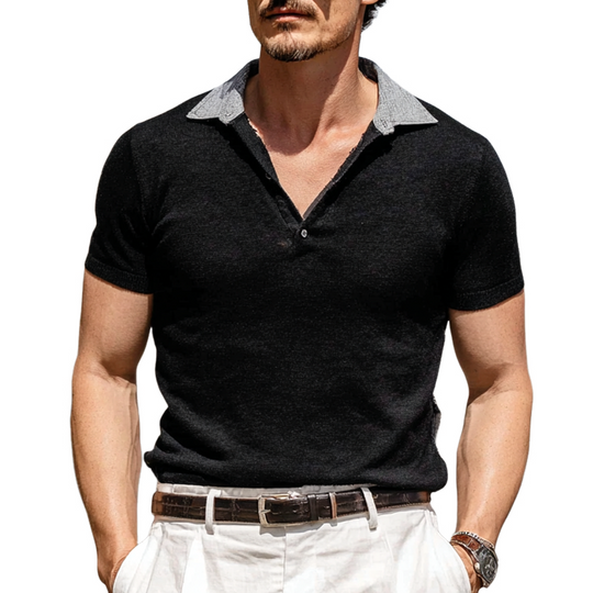 Men's Colorblock Lapel Short Sleeve Velvet Polo Shirt DTT25062517