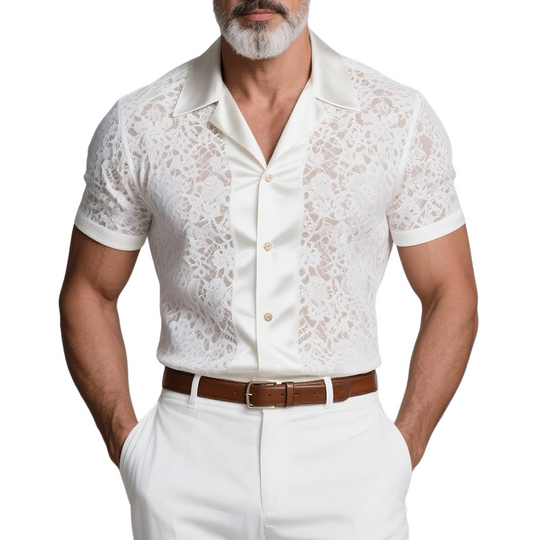 Men's Lace Stitching Satin Lapel Short Sleeve Shirt DTT25073105