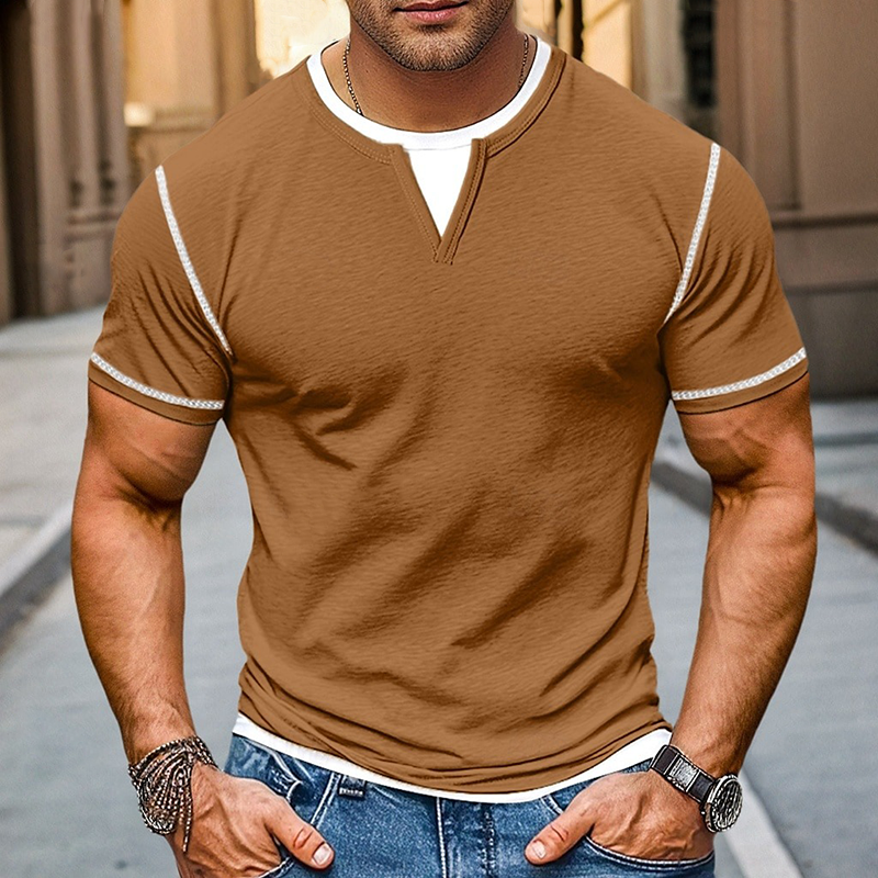 Men's Contrast Color V-Neck Cotton Blend Short Sleeve T-Shirt DTT25072408