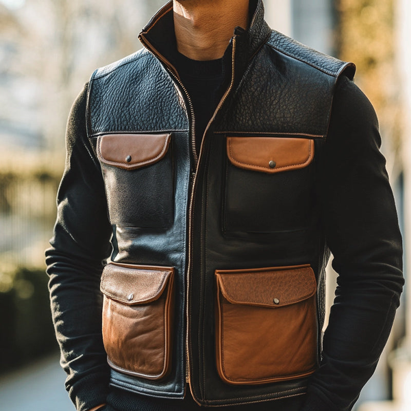 Men's Vintage Stand Collar Zippered Leather Vest 9893977260216