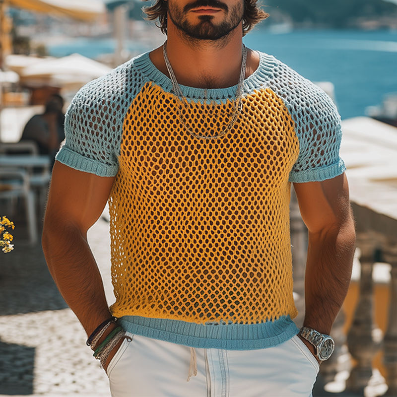 Men's Fashion Casual Hollow Contrast Color Stitching Knitted Round Neck Short-sleeved T-shirt DTT25062606