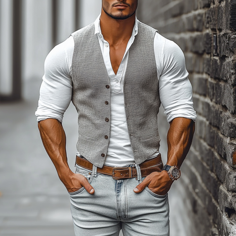Men's Casual Breathable Linen V-Neck Single-Breasted Slim Fit Suit Vest DTT25060912