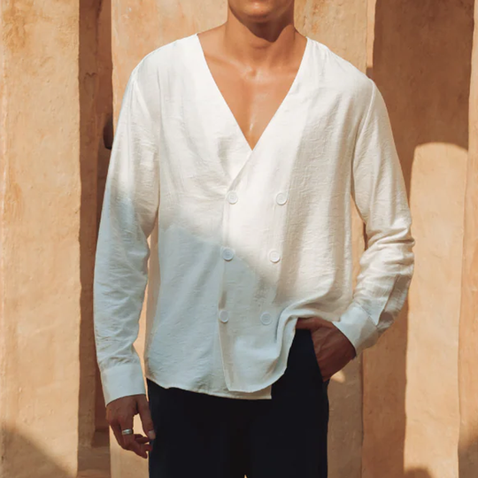 Men's Fashion Casual Tencel Cotton V-neck Double Breasted Long Sleeve Shirt DTT25071701